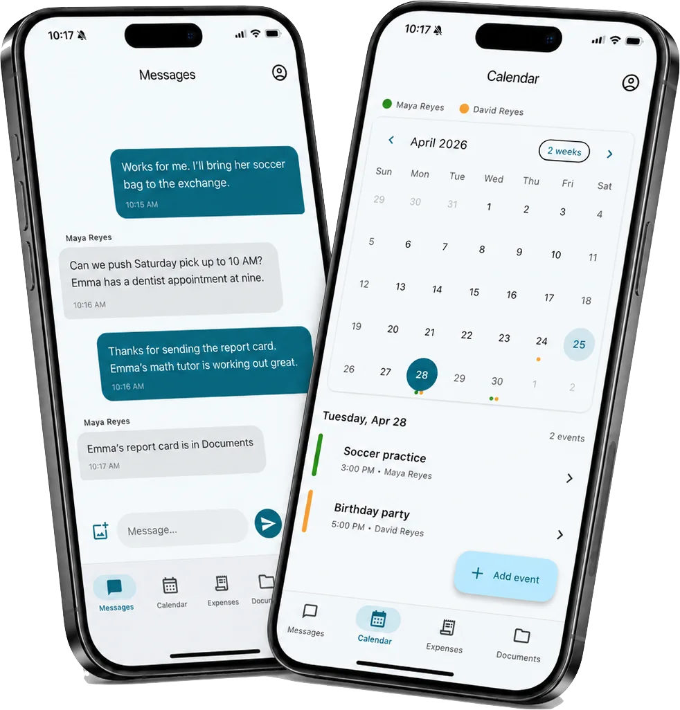 Family Focus on two phones: the Messages thread and the shared Calendar