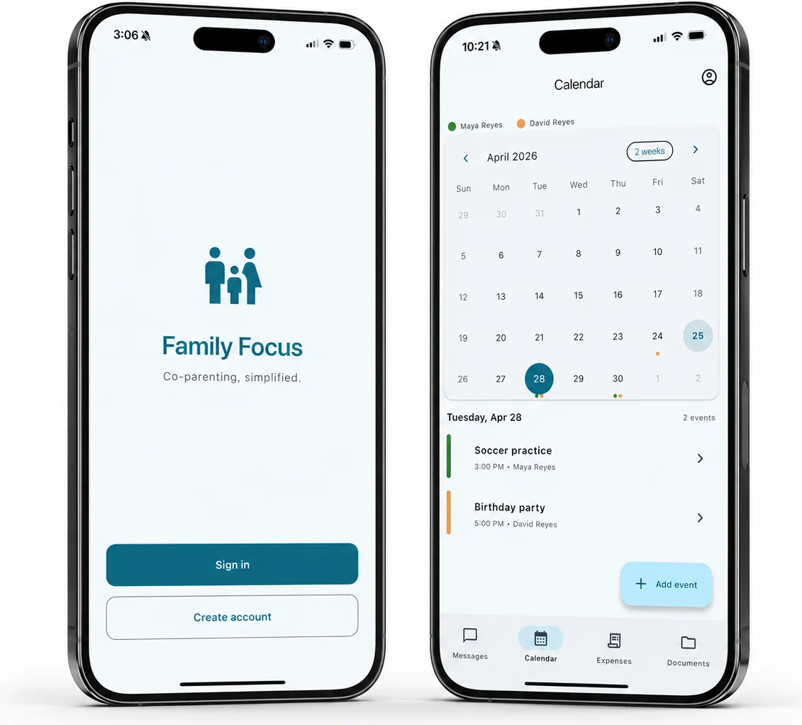Family Focus sign in screen and the shared calendar